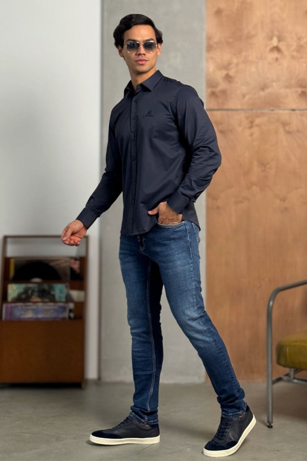 Мужская тёмно-синяя рубашка Loro Piana logo-embroidered