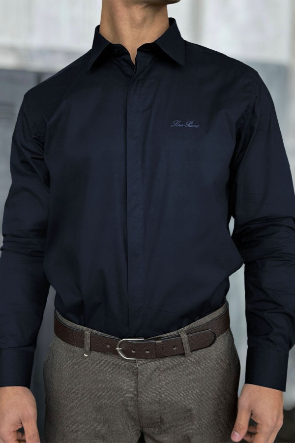 Мужская тёмно-синяя рубашка Loro Piana logo-embroidered