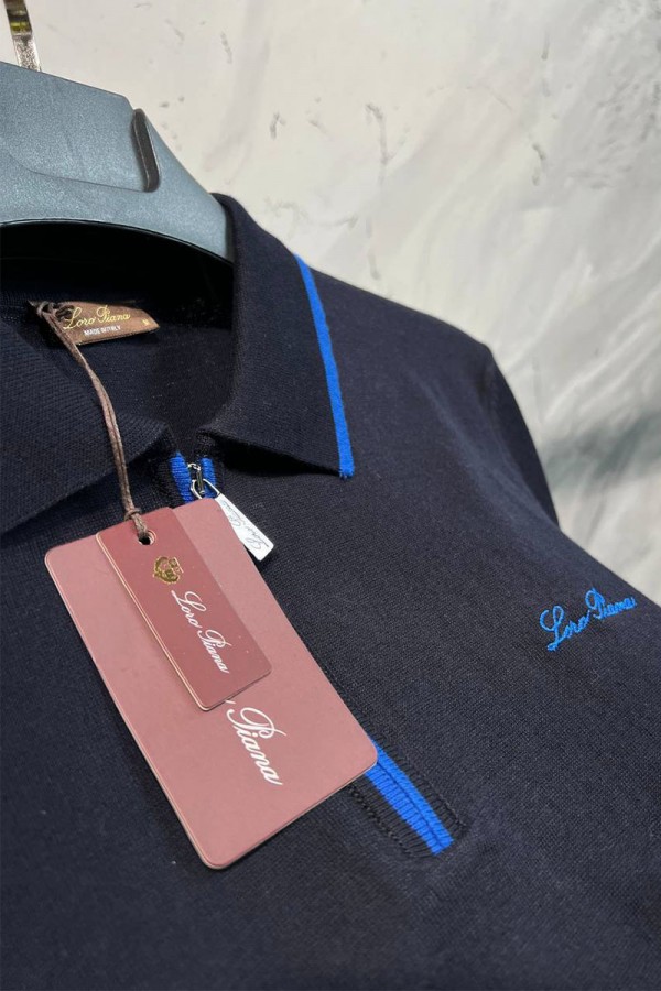 Мужское тёмно-синее поло Loro Piana zip-neck