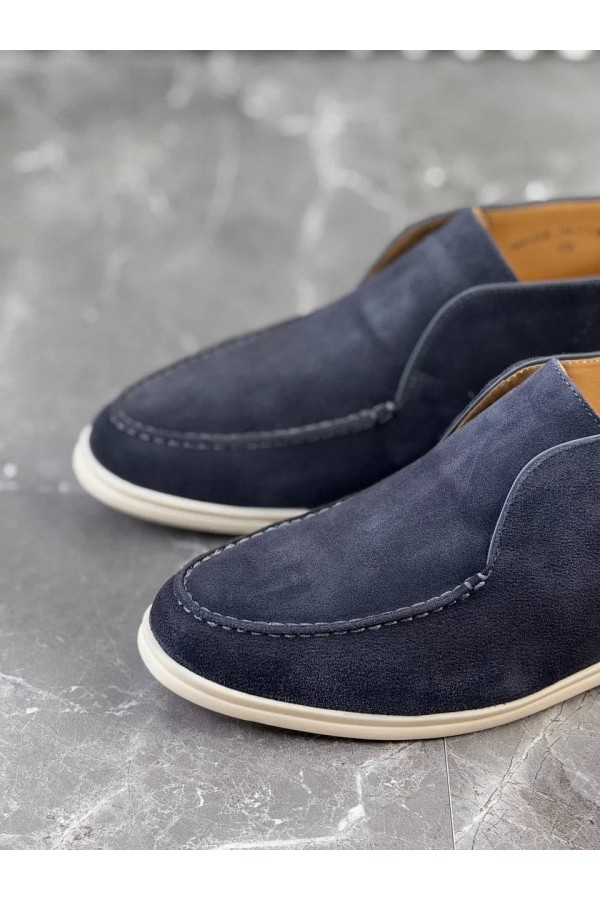 Замшевые лоферы с меховой стелькой Loro Piana Open Walk - Navy