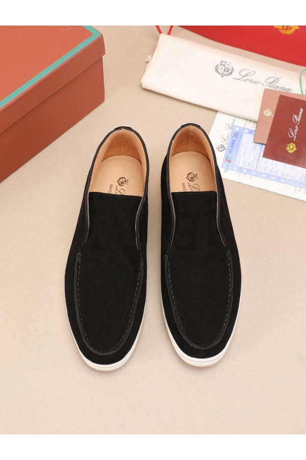 Замшевые лоферы с меховой стелькой Loro Piana Open Walk - Black