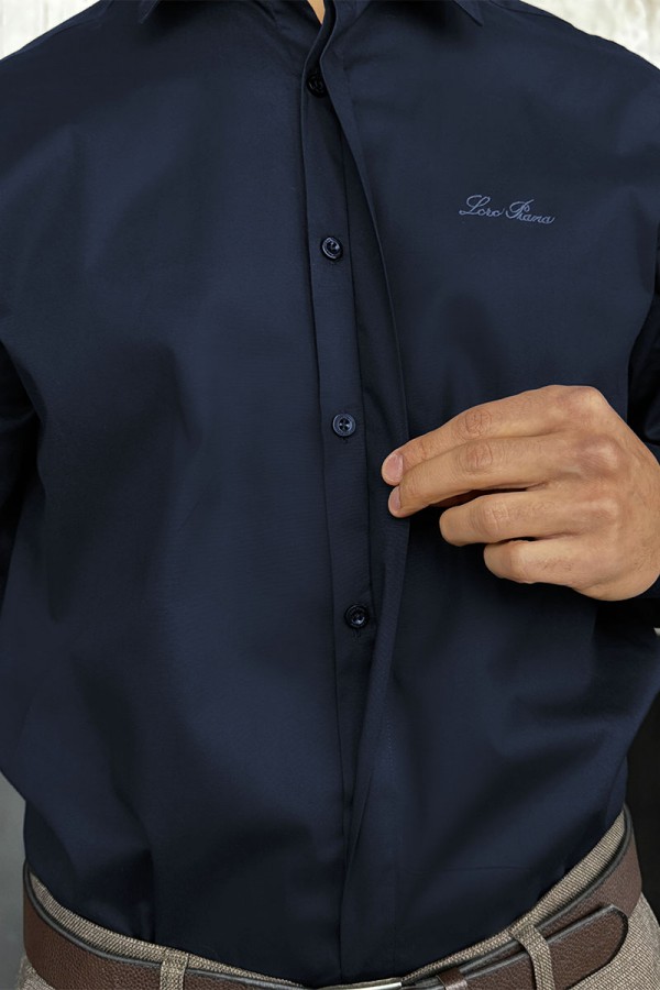 Мужская тёмно-синяя рубашка Loro Piana logo-embroidered