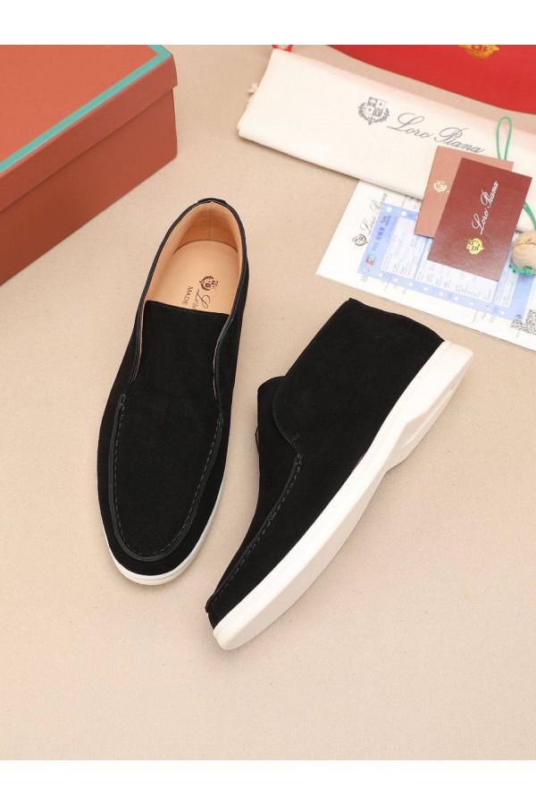 Замшевые лоферы с меховой стелькой Loro Piana Open Walk - Black