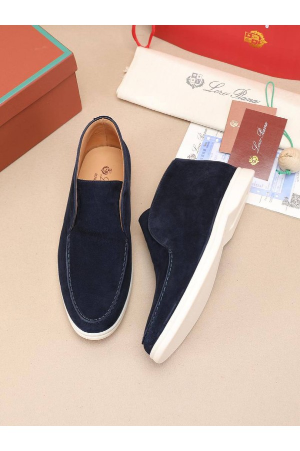 Замшевые лоферы с меховой стелькой Loro Piana Open Walk - Navy