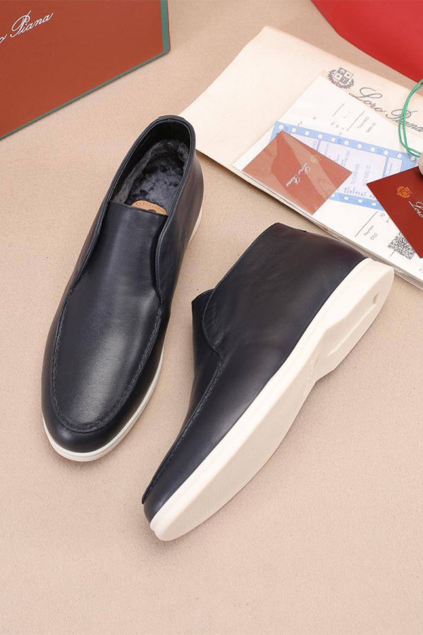 Кожаные лоферы с мехом Loro Piana Open Walk - Navy