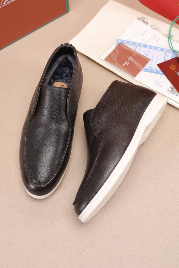 Кожаные лоферы с мехом Loro Piana Open Walk - Brown