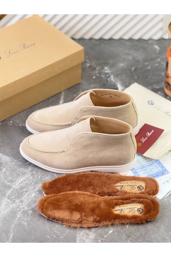 Замшевые лоферы с меховой стелькой Loro Piana Open Walk - Beige