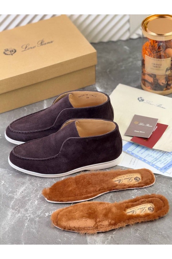 Замшевые лоферы с меховой стелькой Loro Piana Open Walk - Brown