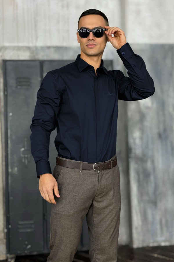 Мужская тёмно-синяя рубашка Loro Piana logo-embroidered