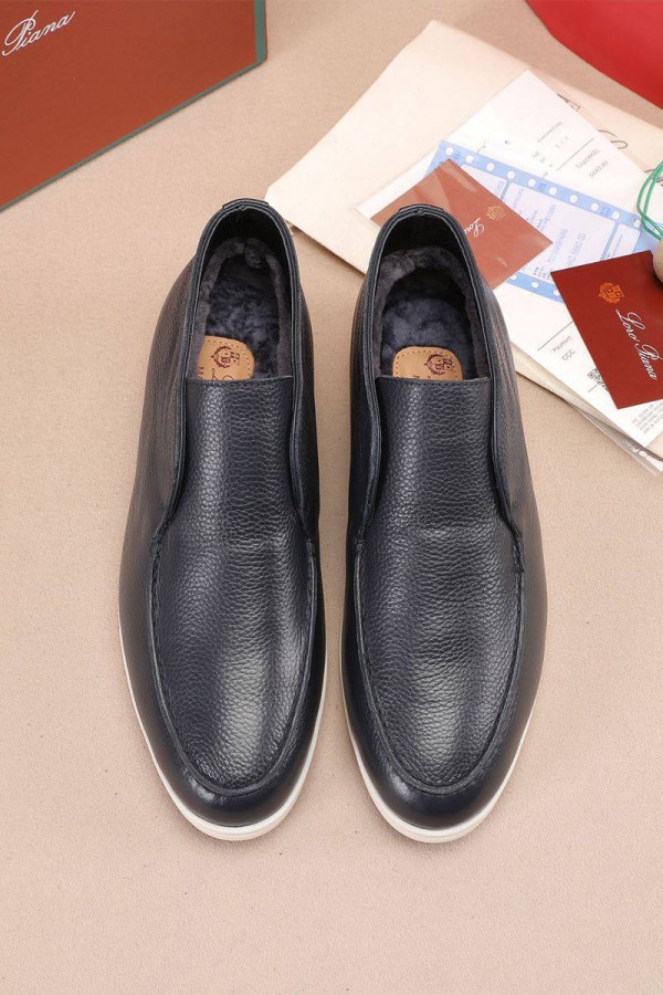 Кожаные лоферы с мехом Loro Piana Open Walk - Navy