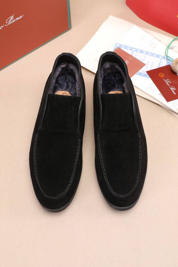 Замшевые лоферы с мехом Loro Piana Open Walk - Black