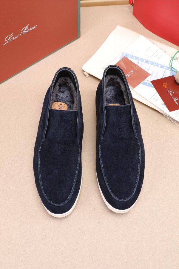 Замшевые лоферы с мехом Loro Piana Open Walk - Navy