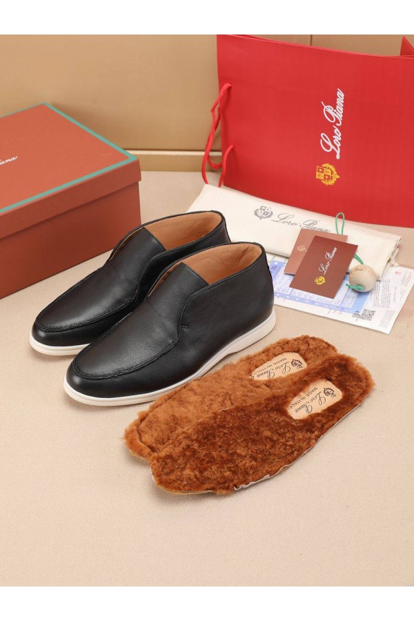 Кожаные лоферы с меховой стелькой Loro Piana Open Walk - Black