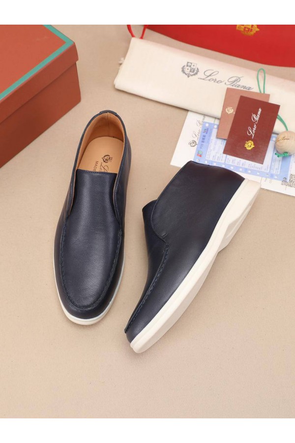 Кожаные лоферы с меховой стелькой Loro Piana Open Walk - Navy