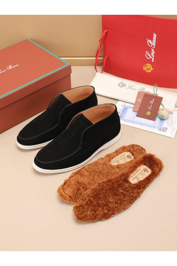 Замшевые лоферы с меховой стелькой Loro Piana Open Walk - Black