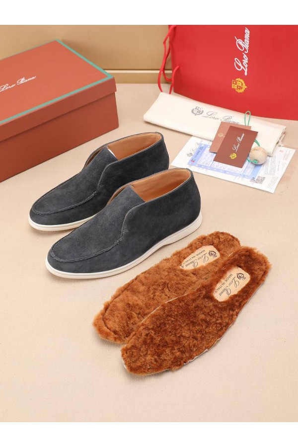 Замшевые лоферы с меховой стелькой Loro Piana Open Walk - Dark Grey