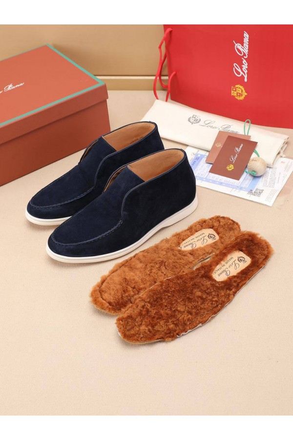 Замшевые лоферы с меховой стелькой Loro Piana Open Walk - Navy