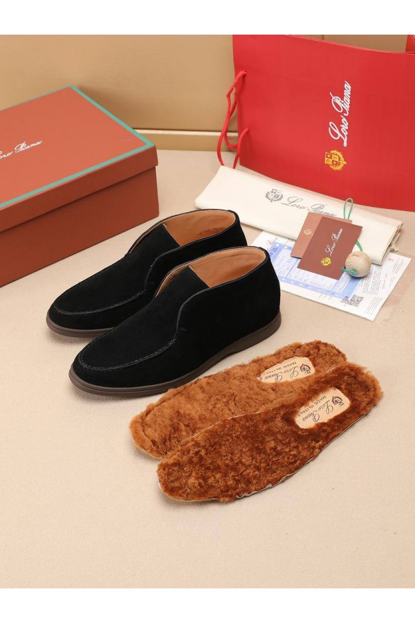 Замшевые лоферы с меховой стелькой Loro Piana Open Walk - Black