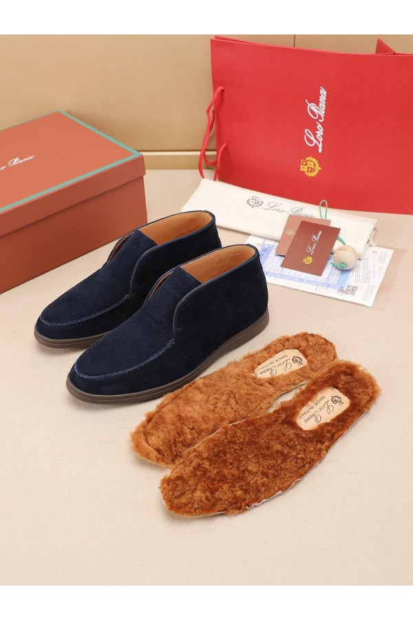 Замшевые лоферы с меховой стелькой Loro Piana Open Walk - Navy