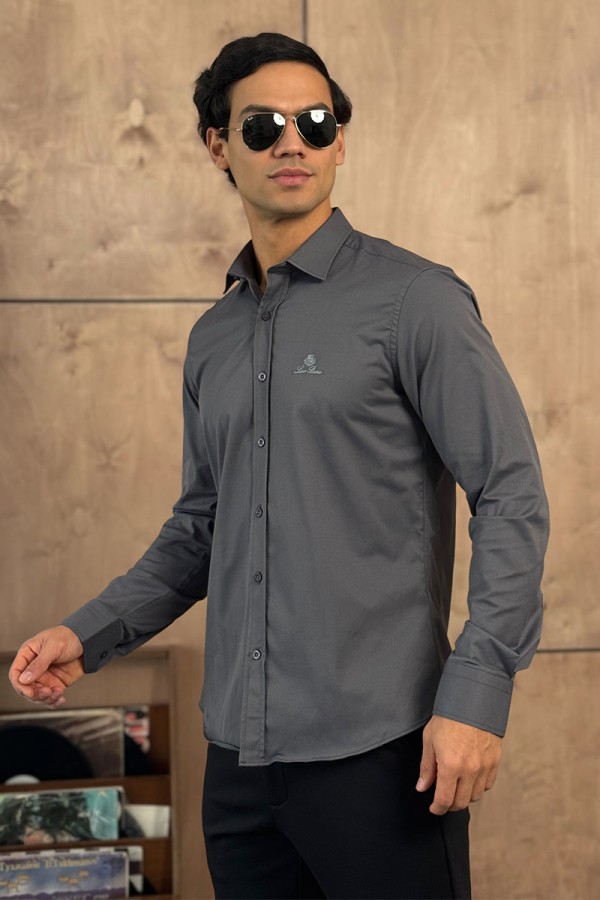 Мужская серая рубашка Loro Piana logo-embroidered