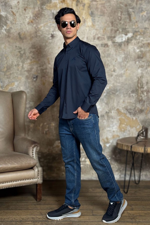 Мужская рубашка Loro Piana logo-embroidered - Navy
