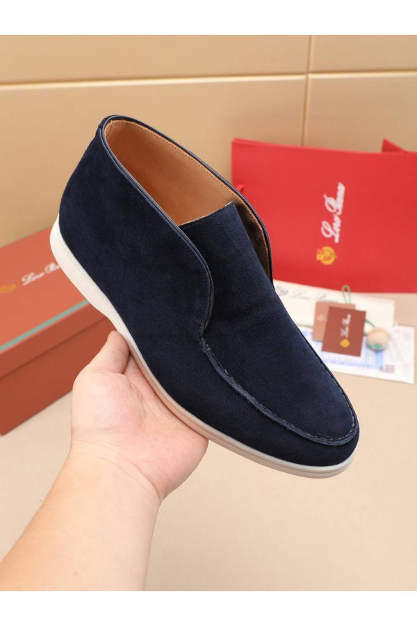 Замшевые лоферы с меховой стелькой Loro Piana Open Walk - Navy