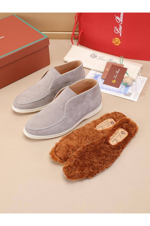 Замшевые лоферы с меховой стелькой Loro Piana Open Walk - Grey