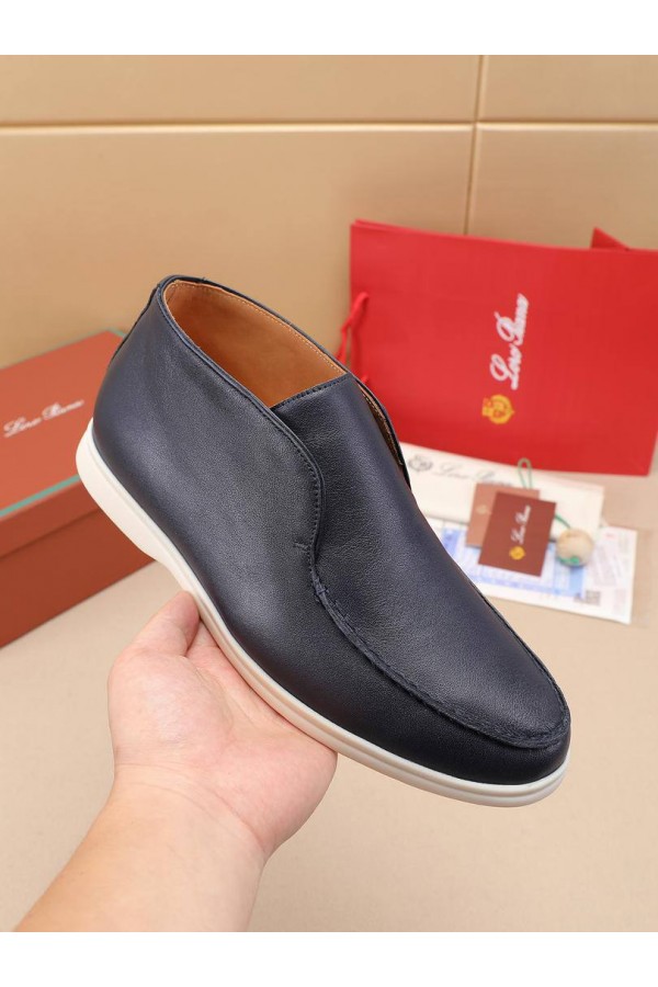 Кожаные лоферы с меховой стелькой Loro Piana Open Walk - Navy