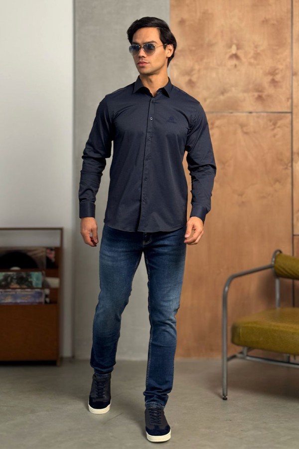 Мужская тёмно-синяя рубашка Loro Piana logo-embroidered