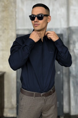 Мужская тёмно-синяя рубашка Loro Piana logo-embroidered