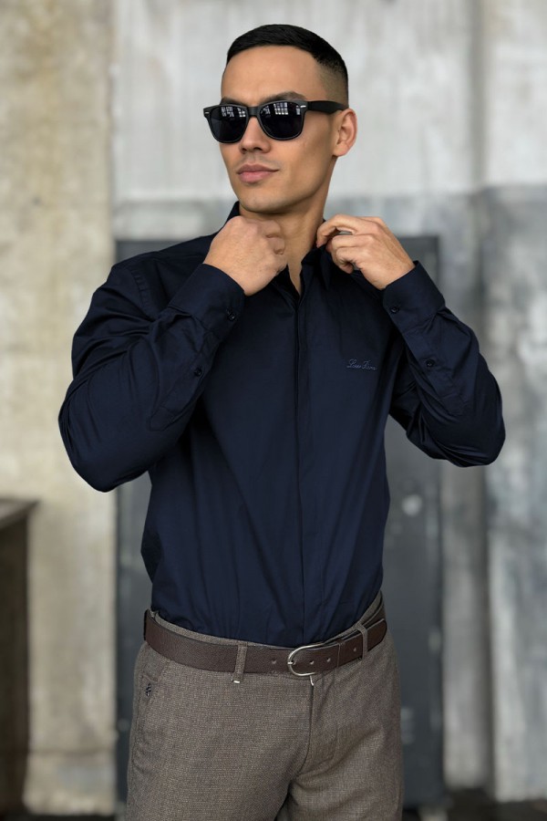 Мужская тёмно-синяя рубашка Loro Piana logo-embroidered