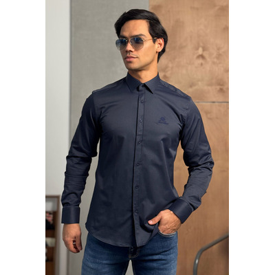 Мужская тёмно-синяя рубашка Loro Piana logo-embroidered