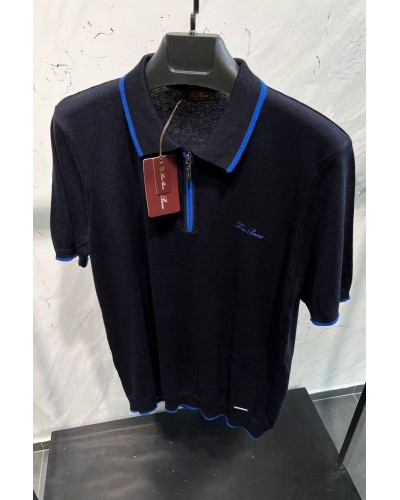 Мужское тёмно-синее поло Loro Piana zip-neck