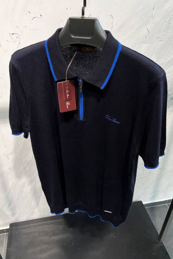 Мужское тёмно-синее поло Loro Piana zip-neck