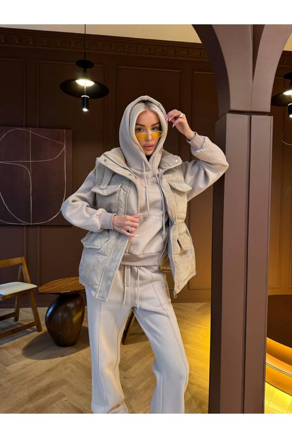 Женский костюм тройка на флисе Loro Piana premium - Beige