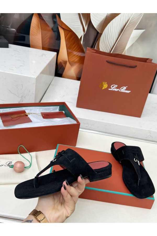 Женские замшевые шлёпанцы Loro Piana Premium - Black