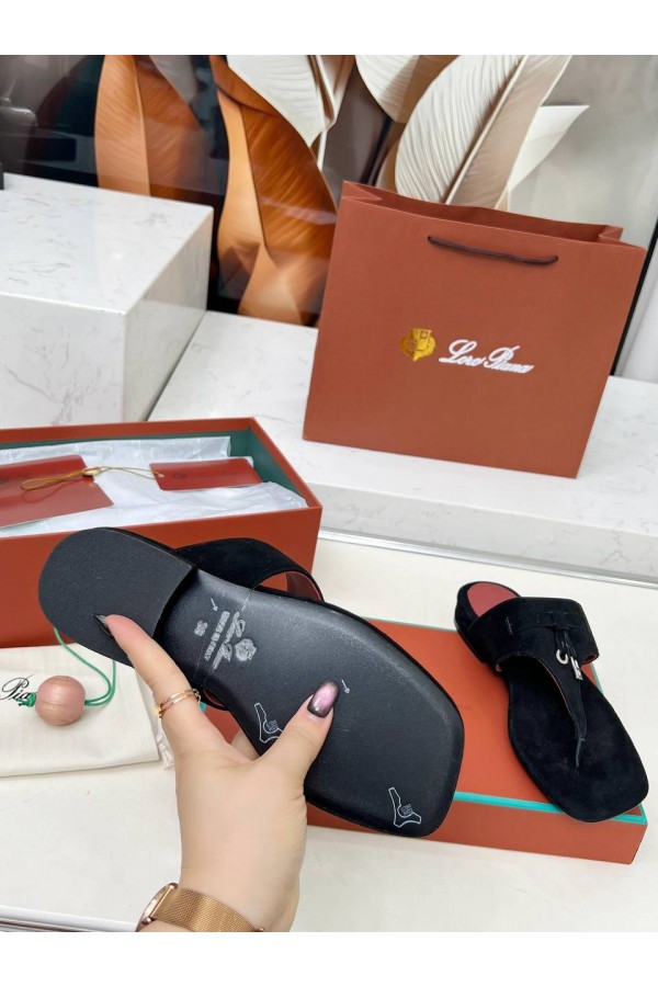 Женские замшевые шлёпанцы Loro Piana Premium - Black