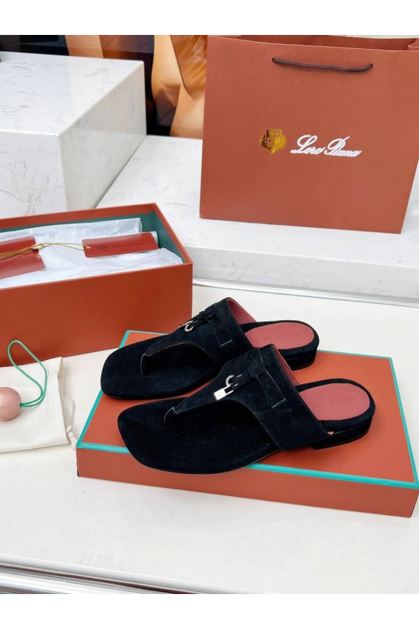 Женские замшевые шлёпанцы Loro Piana Premium - Black