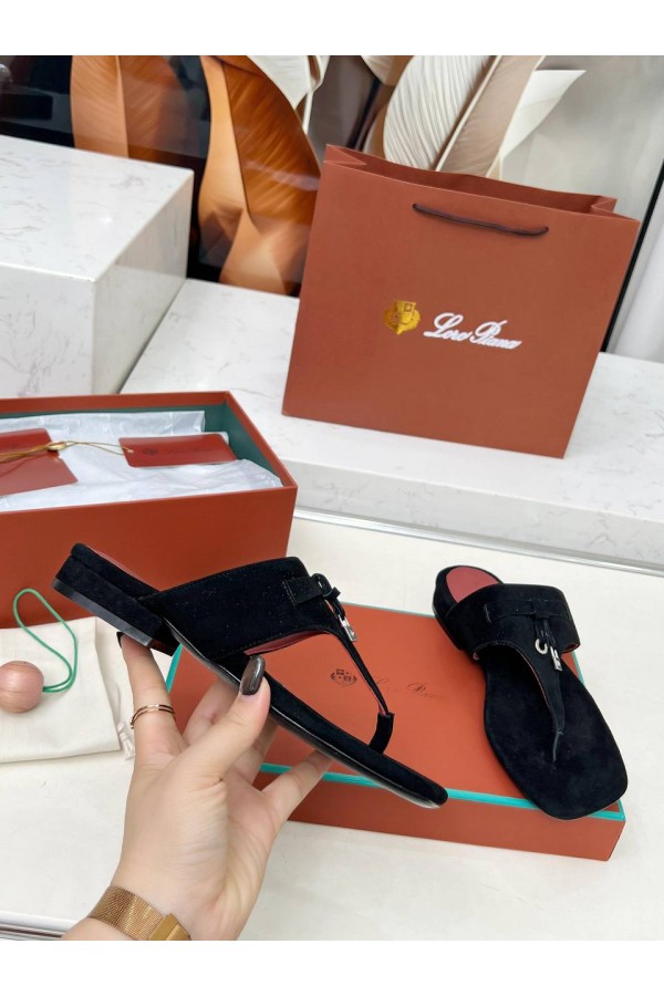 Женские замшевые шлёпанцы Loro Piana Premium - Black