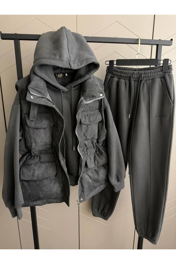 Женский костюм тройка на флисе Loro Piana premium - Grey