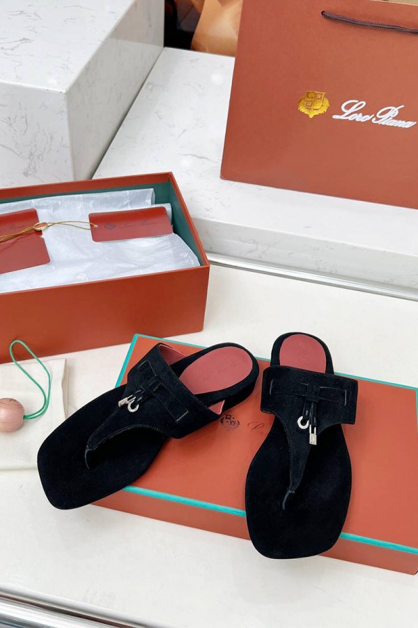 Женские замшевые шлёпанцы Loro Piana Premium - Black