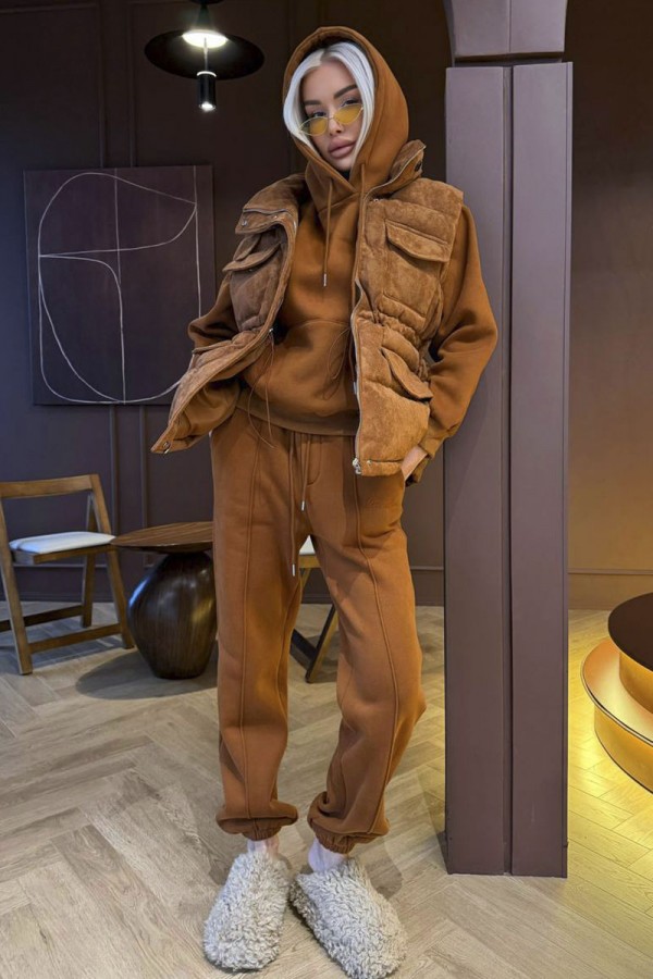 Женский костюм тройка на флисе Loro Piana premium - Chestnut